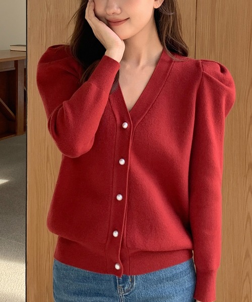 セール】PEARL PUFF KNIT CARDIGAN(パールパフニットカーディガン