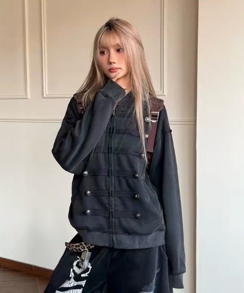 SHERU(シェル)の「ナポレオンデザイン ジップパーカー オーバーサイズスウェット(スウェット・レディース・ブラック/グレー・M)」の1枚目の写真