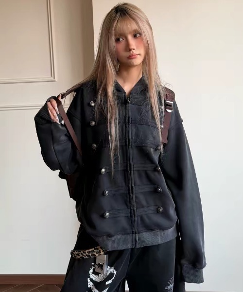 SHERU(シェル)の「ナポレオンデザイン ジップパーカー オーバーサイズスウェット(スウェット・レディース・ブラック/グレー・M)」の4枚目の写真