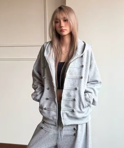 SHERU(シェル)の「ナポレオンデザイン ジップパーカー オーバーサイズスウェット(スウェット・レディース・ブラック/グレー・M)」の5枚目の写真
