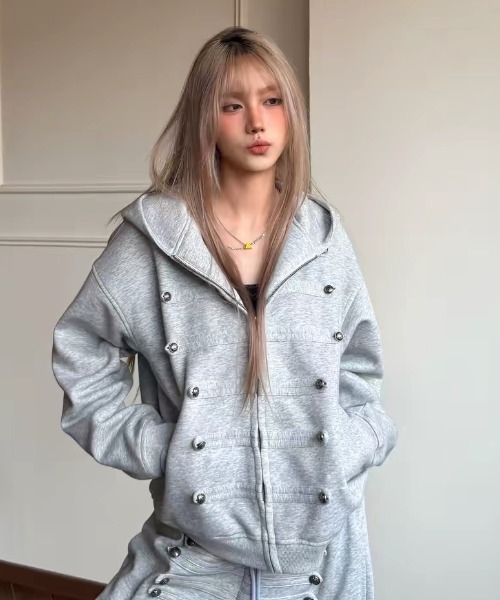 SHERU(シェル)の「ナポレオンデザイン ジップパーカー オーバーサイズスウェット(スウェット・レディース・ブラック/グレー・M)」の7枚目の写真