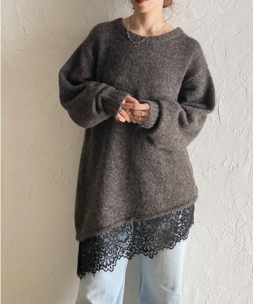 She's Closet(シーズクローゼット)の「長袖 アシンメトリー 裾レースドッキングニット チュニックミニワンピース(ニット/セーター・レディース・ブラウン/アイボリー/チャコールグレー/ブラック・FREE)」の1枚目の写真