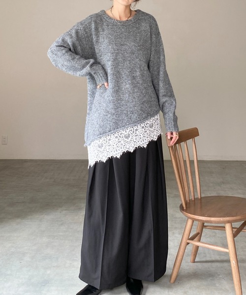 She's Closet(シーズクローゼット)の「長袖 アシンメトリー 裾レースドッキングニット チュニックミニワンピース(ニット/セーター・レディース・ブラウン/アイボリー/チャコールグレー/ブラック・FREE)」の4枚目の写真