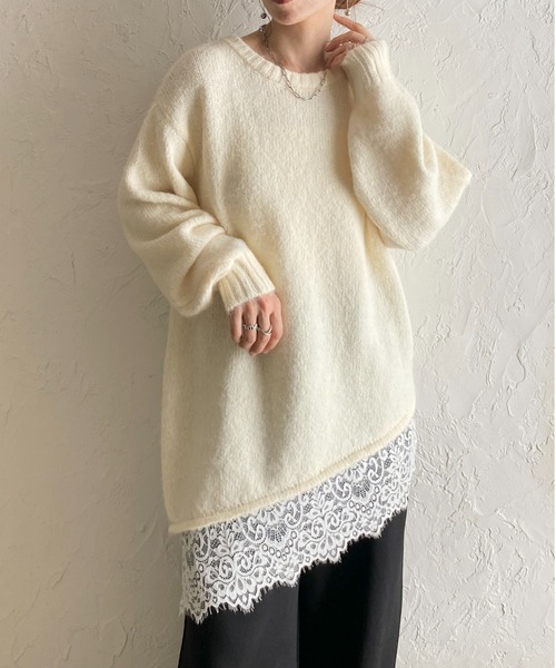 She's Closet(シーズクローゼット)の「長袖 アシンメトリー 裾レースドッキングニット チュニックミニワンピース(ニット/セーター・レディース・ブラウン/アイボリー/チャコールグレー/ブラック・FREE)」の2枚目の写真