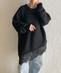 長袖 アシンメトリー 裾レースドッキングニット チュニックミニワンピース