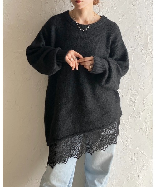 She's Closet(シーズクローゼット)の「長袖 アシンメトリー 裾レースドッキングニット チュニックミニワンピース(ニット/セーター・レディース・ブラウン/アイボリー/チャコールグレー/ブラック・FREE)」の20枚目の写真