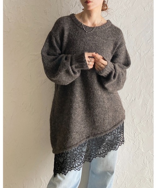 She's Closet(シーズクローゼット)の「長袖 アシンメトリー 裾レースドッキングニット チュニックミニワンピース(ニット/セーター・レディース・ブラウン/アイボリー/チャコールグレー/ブラック・FREE)」の21枚目の写真