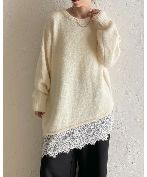 She's Closet(シーズクローゼット)の「長袖 アシンメトリー 裾レースドッキングニット チュニックミニワンピース(ニット/セーター・レディース・ブラウン/アイボリー/チャコールグレー/ブラック・FREE)」の22枚目の写真