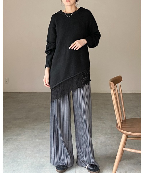 She's Closet(シーズクローゼット)の「長袖 アシンメトリー 裾レースドッキングニット チュニックミニワンピース(ニット/セーター・レディース・ブラウン/アイボリー/チャコールグレー/ブラック・FREE)」の7枚目の写真