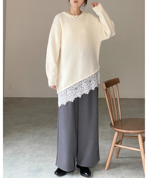 She's Closet(シーズクローゼット)の「長袖 アシンメトリー 裾レースドッキングニット チュニックミニワンピース(ニット/セーター・レディース・ブラウン/アイボリー/チャコールグレー/ブラック・FREE)」の8枚目の写真