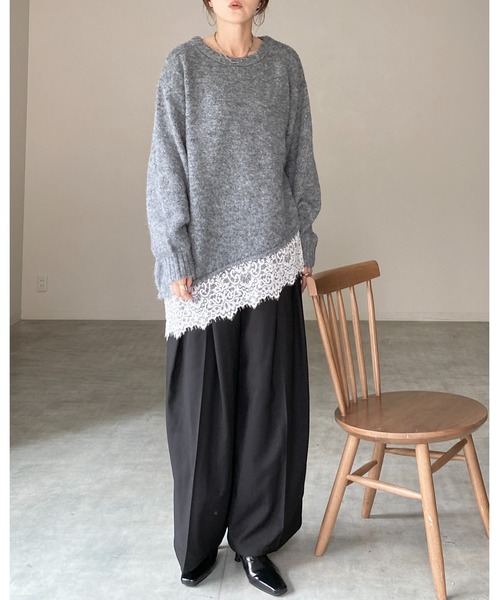 She's Closet(シーズクローゼット)の「長袖 アシンメトリー 裾レースドッキングニット チュニックミニワンピース(ニット/セーター・レディース・ブラウン/アイボリー/チャコールグレー/ブラック・FREE)」の9枚目の写真
