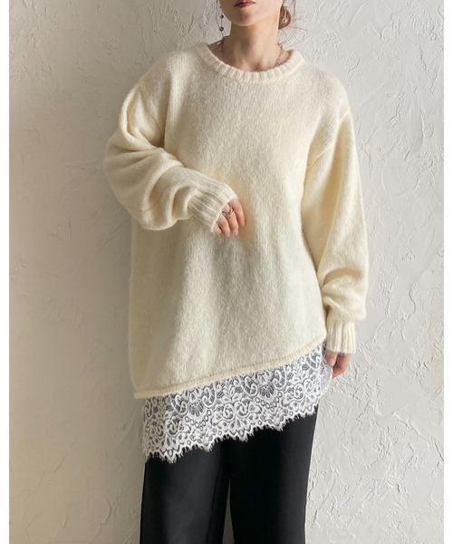 She's Closet(シーズクローゼット)の「長袖 アシンメトリー 裾レースドッキングニット チュニックミニワンピース(ニット/セーター・レディース・ブラウン/アイボリー/チャコールグレー/ブラック・FREE)」の10枚目の写真