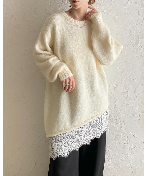 She's Closet(シーズクローゼット)の「長袖 アシンメトリー 裾レースドッキングニット チュニックミニワンピース(ニット/セーター・レディース・ブラウン/アイボリー/チャコールグレー/ブラック・FREE)」の11枚目の写真