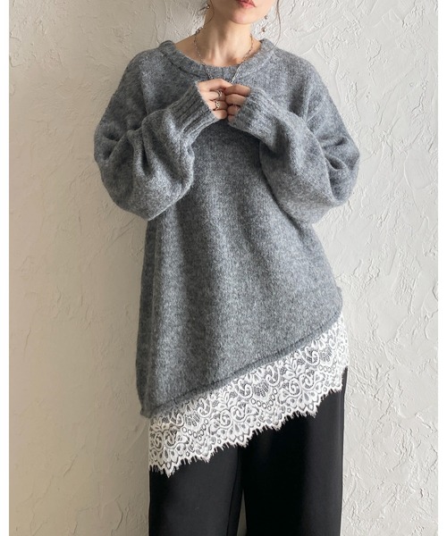She's Closet(シーズクローゼット)の「長袖 アシンメトリー 裾レースドッキングニット チュニックミニワンピース(ニット/セーター・レディース・ブラウン/アイボリー/チャコールグレー/ブラック・FREE)」の12枚目の写真