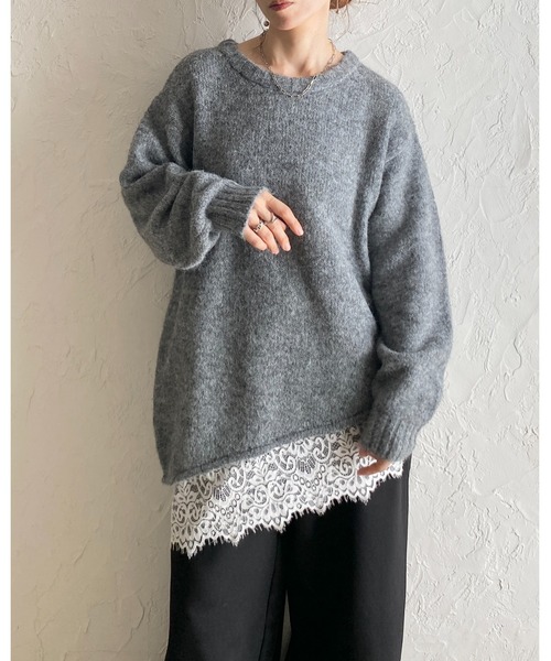 She's Closet(シーズクローゼット)の「長袖 アシンメトリー 裾レースドッキングニット チュニックミニワンピース(ニット/セーター・レディース・ブラウン/アイボリー/チャコールグレー/ブラック・FREE)」の13枚目の写真