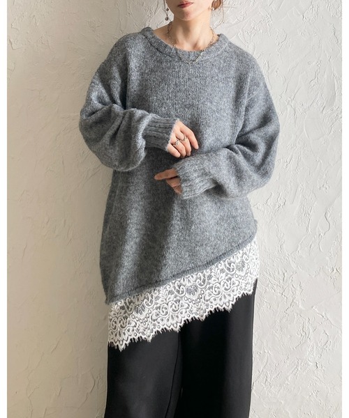 She's Closet(シーズクローゼット)の「長袖 アシンメトリー 裾レースドッキングニット チュニックミニワンピース(ニット/セーター・レディース・ブラウン/アイボリー/チャコールグレー/ブラック・FREE)」の14枚目の写真