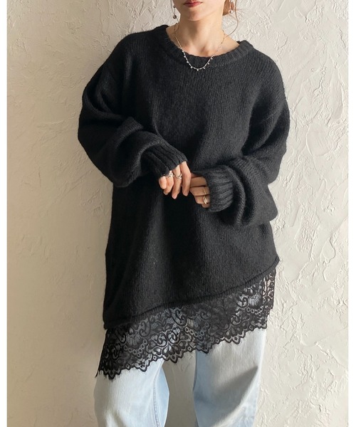 She's Closet(シーズクローゼット)の「長袖 アシンメトリー 裾レースドッキングニット チュニックミニワンピース(ニット/セーター・レディース・ブラウン/アイボリー/チャコールグレー/ブラック・FREE)」の15枚目の写真