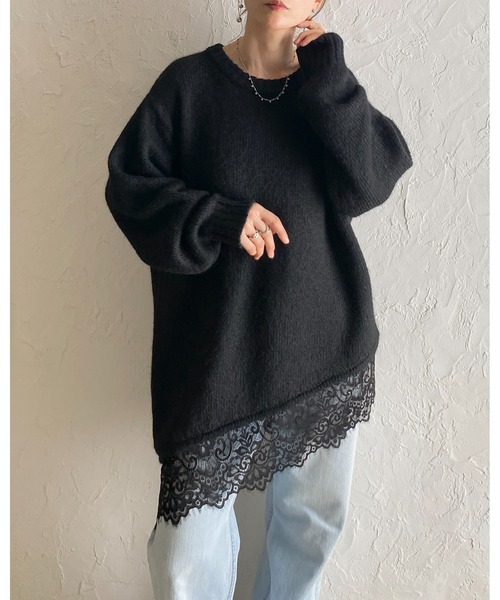 She's Closet(シーズクローゼット)の「長袖 アシンメトリー 裾レースドッキングニット チュニックミニワンピース(ニット/セーター・レディース・ブラウン/アイボリー/チャコールグレー/ブラック・FREE)」の16枚目の写真
