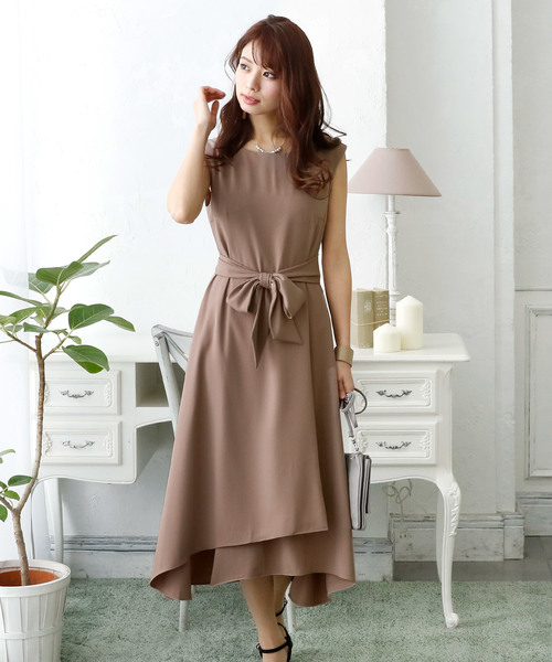 PourVous(プールヴー)の「結婚式 ワンピースドレスアシンメトリー ミモレ丈&ノースリーブ 大きいサイズ フォーマル オケージョンドレス お呼ばれ 二次会 成人式 (ドレス・レディース・ネイビー/モカ/カーキ・4L/S/M/L/XL/XXL)」の4枚目の写真