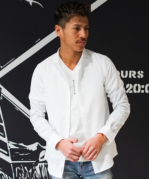 GOSTAR DE FUGA（ゴスタール ジフーガ）の「長袖シアサッカーシャツ（シャツ/ブラウス・メンズ・ホワイト×ネイビー/カーキ/ネイビー/ホワイト・M/L/XL）」の18枚目の写真