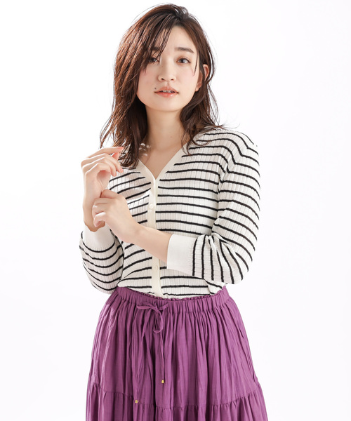 DISCOAT（ディスコート）の「リネンタッチリブカーディガン5分袖（カーディガン/ボレロ・レディース・ブラック/パープル/ライトグレー/グリーン/グレー系その他/オレンジ/オフホワイト・MEDIUM/LARGE）」の4枚目の写真