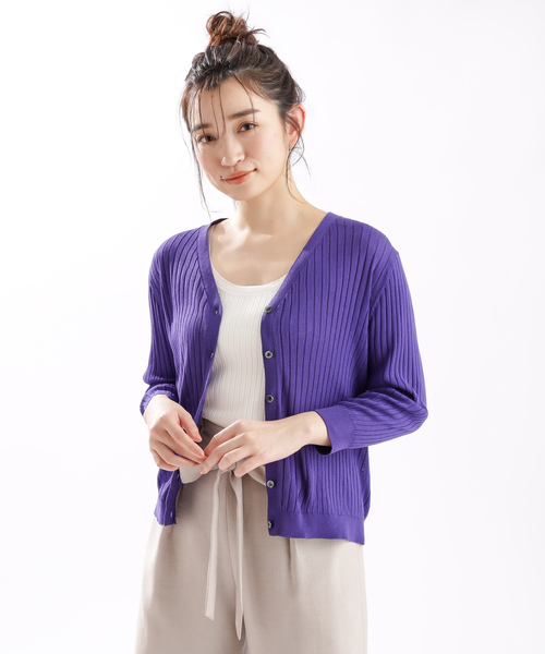 DISCOAT（ディスコート）の「リネンタッチリブカーディガン5分袖（カーディガン/ボレロ・レディース・ブラック/パープル/ライトグレー/グリーン/グレー系その他/オレンジ/オフホワイト・MEDIUM/LARGE）」の6枚目の写真