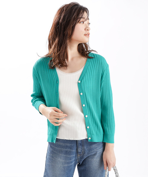 DISCOAT（ディスコート）の「リネンタッチリブカーディガン5分袖（カーディガン/ボレロ・レディース・ブラック/パープル/ライトグレー/グリーン/グレー系その他/オレンジ/オフホワイト・MEDIUM/LARGE）」の5枚目の写真