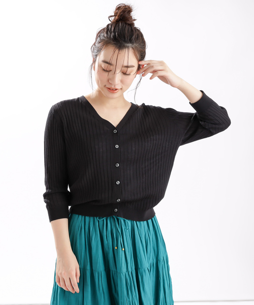 DISCOAT（ディスコート）の「リネンタッチリブカーディガン5分袖（カーディガン/ボレロ・レディース・ブラック/パープル/ライトグレー/グリーン/グレー系その他/オレンジ/オフホワイト・MEDIUM/LARGE）」の11枚目の写真