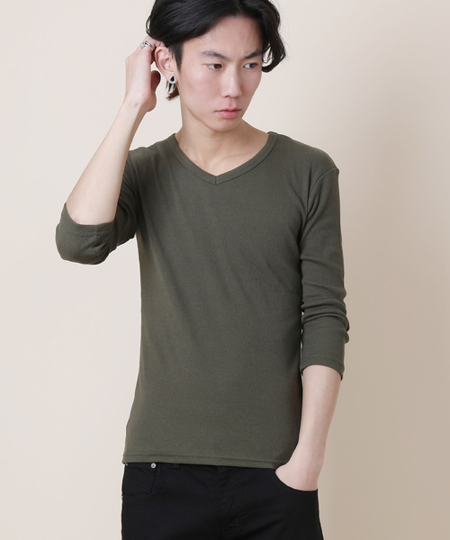 Rocky Monroe（ロッキーモンロー）の「Vネック7分袖テレコカットソー（Tシャツ/カットソー・メンズ・ブラック/レッド/イエロー/ダークブルー/オフホワイト/ブルー/グレー/オリーブ/モカ/チャコール・M/XL/L）」の7枚目の写真