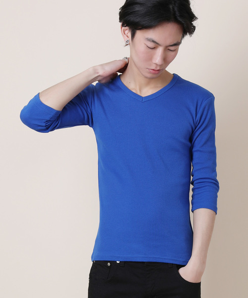 Rocky Monroe（ロッキーモンロー）の「Vネック7分袖テレコカットソー（Tシャツ/カットソー・メンズ・ブラック/レッド/イエロー/ダークブルー/オフホワイト/ブルー/グレー/オリーブ/モカ/チャコール・M/XL/L）」の8枚目の写真