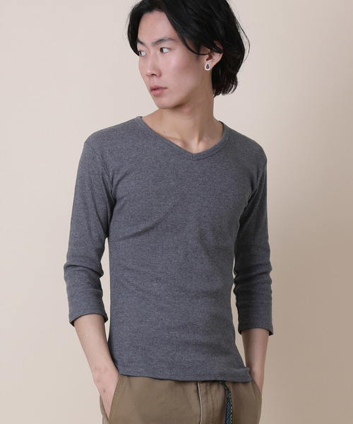 Rocky Monroe（ロッキーモンロー）の「Vネック7分袖テレコカットソー（Tシャツ/カットソー・メンズ・ブラック/レッド/イエロー/ダークブルー/オフホワイト/ブルー/グレー/オリーブ/モカ/チャコール・M/XL/L）」の5枚目の写真