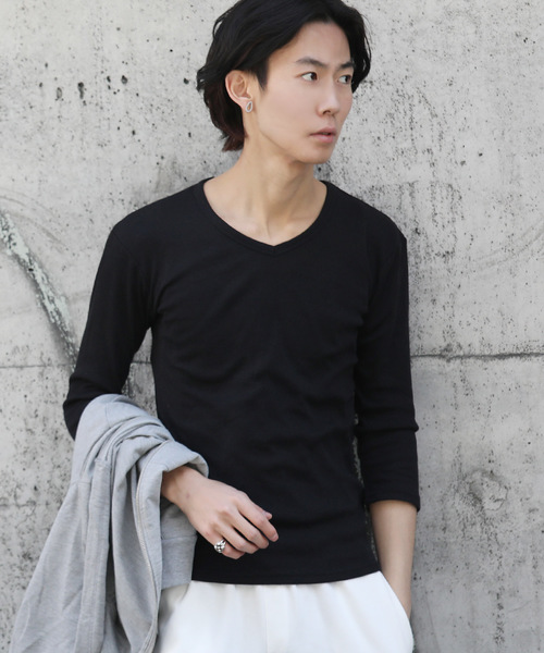 Rocky Monroe（ロッキーモンロー）の「Vネック7分袖テレコカットソー（Tシャツ/カットソー・メンズ・ブラック/レッド/イエロー/ダークブルー/オフホワイト/ブルー/グレー/オリーブ/モカ/チャコール・M/XL/L）」の3枚目の写真