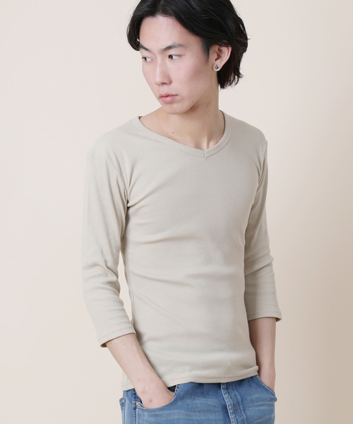 Rocky Monroe（ロッキーモンロー）の「Vネック7分袖テレコカットソー（Tシャツ/カットソー・メンズ・ブラック/レッド/イエロー/ダークブルー/オフホワイト/ブルー/グレー/オリーブ/モカ/チャコール・M/XL/L）」の6枚目の写真