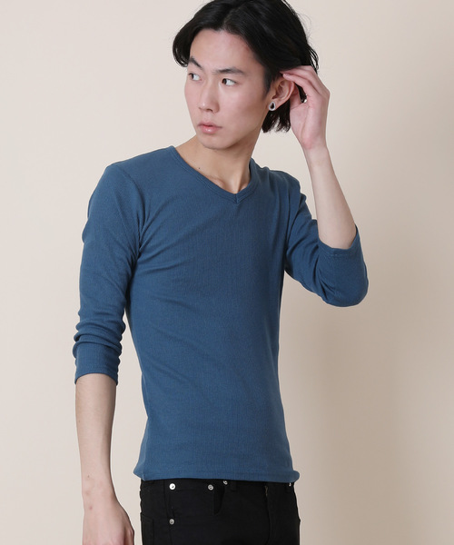 Rocky Monroe（ロッキーモンロー）の「Vネック7分袖テレコカットソー（Tシャツ/カットソー・メンズ・ブラック/レッド/イエロー/ダークブルー/オフホワイト/ブルー/グレー/オリーブ/モカ/チャコール・M/XL/L）」の13枚目の写真