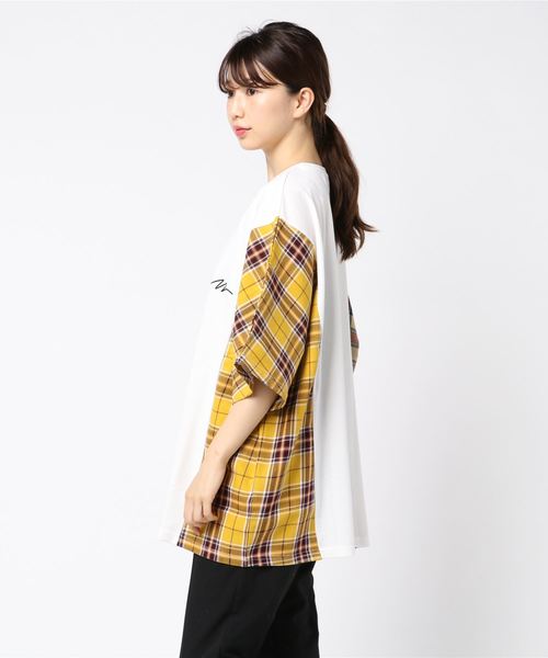 rovtski(ロフトスキー)の「【ビッグシルエット】JERZY CHECK MIX MIX DORMAN SHIRT/オーバーサイズ ジャージーチェックミックスドルマンTシャツ(Tシャツ/カットソー・レディース・パープル系その他/イエロー系その他/レッド系その他・FREE)」の4枚目の写真