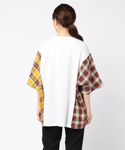 rovtski(ロフトスキー)の「【ビッグシルエット】JERZY CHECK MIX MIX DORMAN SHIRT/オーバーサイズ ジャージーチェックミックスドルマンTシャツ(Tシャツ/カットソー・レディース・パープル系その他/イエロー系その他/レッド系その他・FREE)」の5枚目の写真