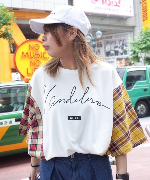 rovtski(ロフトスキー)の「【ビッグシルエット】JERZY CHECK MIX MIX DORMAN SHIRT/オーバーサイズ ジャージーチェックミックスドルマンTシャツ(Tシャツ/カットソー・レディース・パープル系その他/イエロー系その他/レッド系その他・FREE)」の2枚目の写真