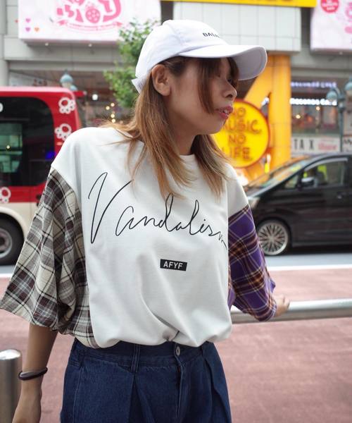rovtski(ロフトスキー)の「【ビッグシルエット】JERZY CHECK MIX MIX DORMAN SHIRT/オーバーサイズ ジャージーチェックミックスドルマンTシャツ(Tシャツ/カットソー・レディース・パープル系その他/イエロー系その他/レッド系その他・FREE)」の9枚目の写真