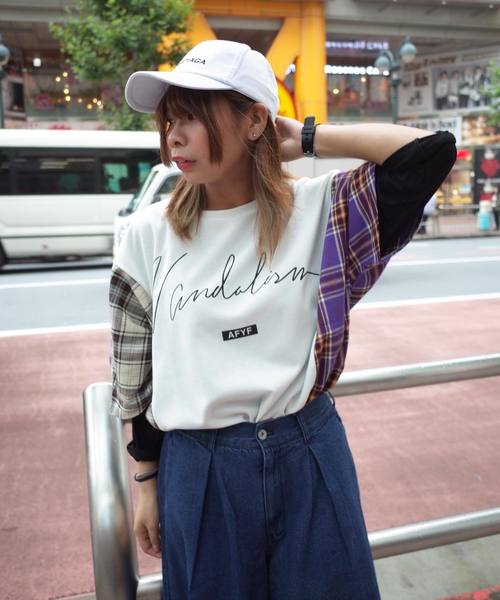 rovtski(ロフトスキー)の「【ビッグシルエット】JERZY CHECK MIX MIX DORMAN SHIRT/オーバーサイズ ジャージーチェックミックスドルマンTシャツ(Tシャツ/カットソー・レディース・パープル系その他/イエロー系その他/レッド系その他・FREE)」の11枚目の写真