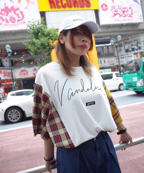 rovtski(ロフトスキー)の「【ビッグシルエット】JERZY CHECK MIX MIX DORMAN SHIRT/オーバーサイズ ジャージーチェックミックスドルマンTシャツ(Tシャツ/カットソー・レディース・パープル系その他/イエロー系その他/レッド系その他・FREE)」の13枚目の写真