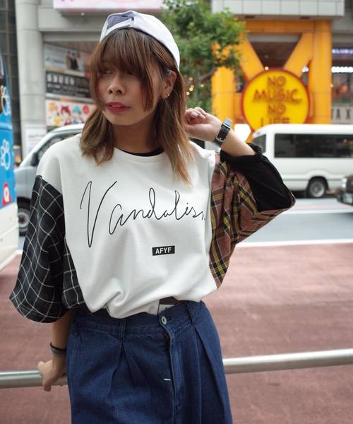 rovtski(ロフトスキー)の「【ビッグシルエット】JERZY CHECK MIX MIX DORMAN SHIRT/オーバーサイズ ジャージーチェックミックスドルマンTシャツ(Tシャツ/カットソー・レディース・パープル系その他/イエロー系その他/レッド系その他・FREE)」の21枚目の写真