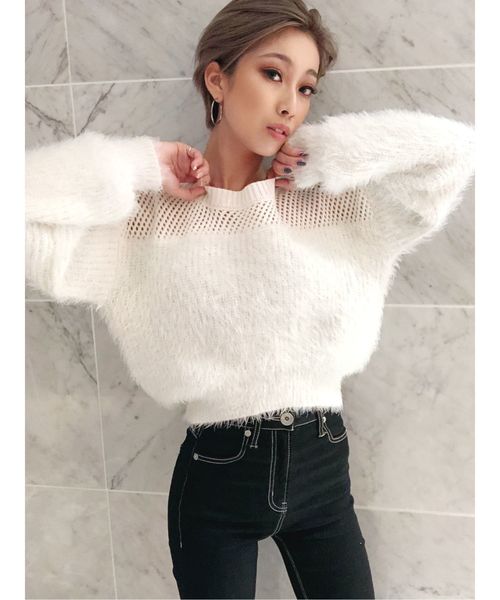 GYDA(ジェイダ)の「ドッキングシャギーニットTOPS(ニット/セーター・レディース・ブラック/ベージュ/オフホワイト・FREE)」の4枚目の写真