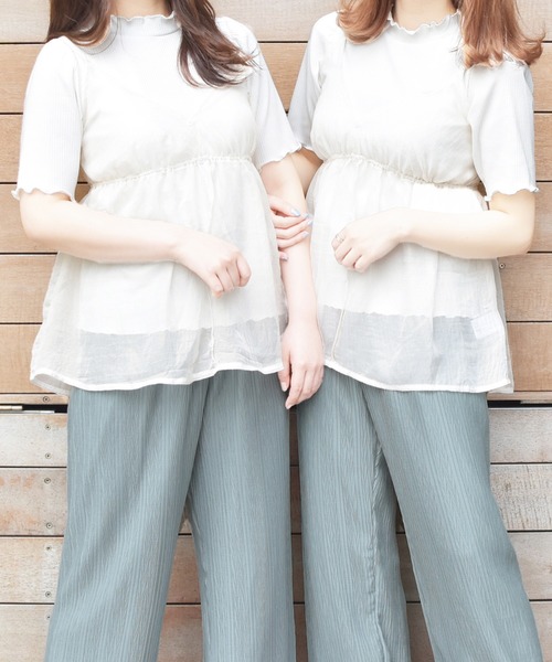 PairPair(ペアペア)の「シアーキャミ×リブTシャツセット(Tシャツ/カットソー・レディース・オフホワイト/ライトグリーン/ライトベージュ・FREE)」の2枚目の写真