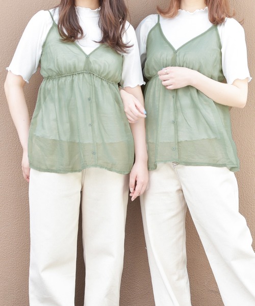 PairPair(ペアペア)の「シアーキャミ×リブTシャツセット(Tシャツ/カットソー・レディース・オフホワイト/ライトグリーン/ライトベージュ・FREE)」の3枚目の写真