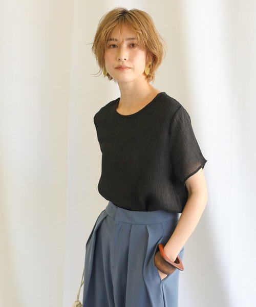 select MOCA（セレクトモカ）の「2021 SS リンクルハーフスリーブブラウス（ラウンドネックシアートップス）（シャツ/ブラウス・レディース・ブラック/アイボリー・FREE）」の12枚目の写真
