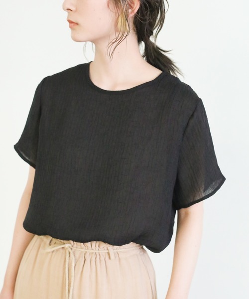 select MOCA（セレクトモカ）の「2021 SS リンクルハーフスリーブブラウス（ラウンドネックシアートップス）（シャツ/ブラウス・レディース・ブラック/アイボリー・FREE）」の14枚目の写真