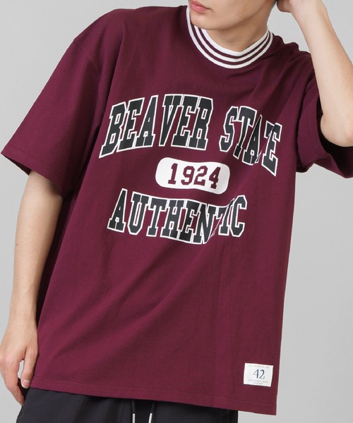 SPINNS（スピンズ）の「【ゆるシルエット】リブラインカレッジロゴ半袖Tシャツ（Tシャツ/カットソー・メンズ・ホワイト/ダークグリーン/ネイビー/イエロー/ダークブルー/ワイン・ONESIZE）」の6枚目の写真