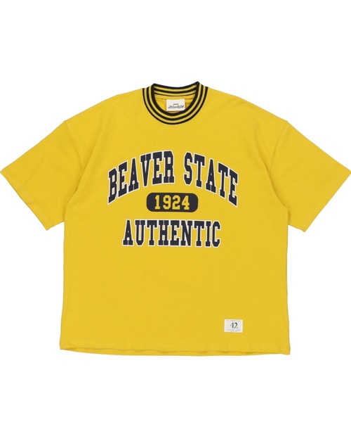 SPINNS（スピンズ）の「【ゆるシルエット】リブラインカレッジロゴ半袖Tシャツ（Tシャツ/カットソー・メンズ・ホワイト/ダークグリーン/ネイビー/イエロー/ダークブルー/ワイン・ONESIZE）」の21枚目の写真