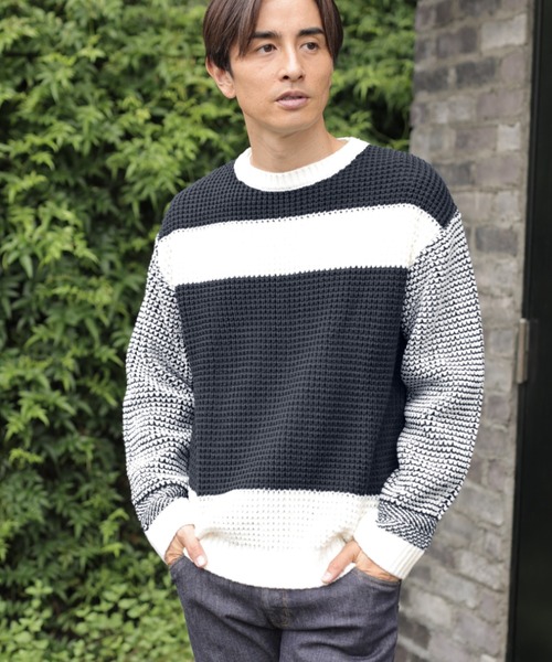 UNION STATION（ユニオンステーション）の「ワッフル編みニット[パネルボーダー]（ニット/セーター・メンズ・ホワイト/ブラック/グレー・LL/M/L）」の2枚目の写真
