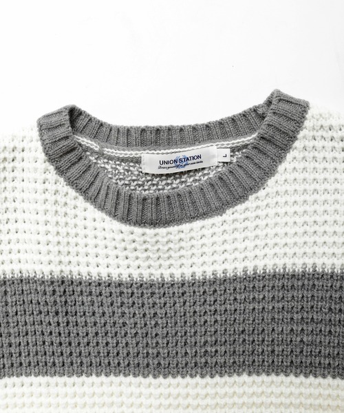 UNION STATION（ユニオンステーション）の「ワッフル編みニット[パネルボーダー]（ニット/セーター・メンズ・ホワイト/ブラック/グレー・LL/M/L）」の8枚目の写真